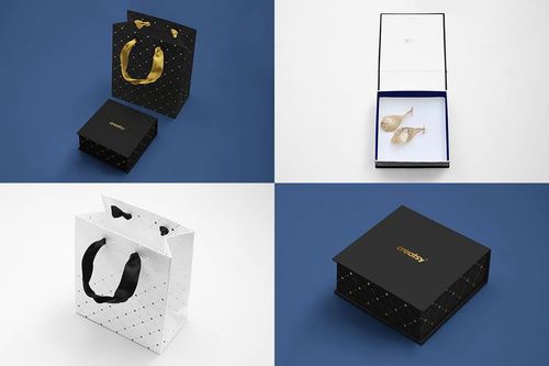 Jewelry box mockup set showing black and white square boxes and bags with gold foil accents from various angles.