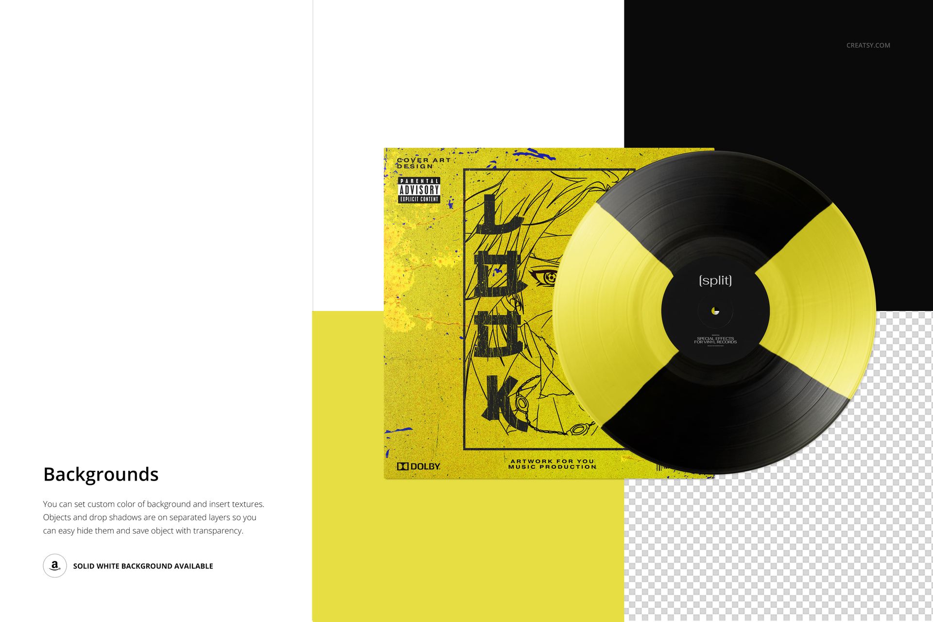 Front view of a vinyl record with a split black and yellow design placed on a matching yellow illustrated cover mockup.