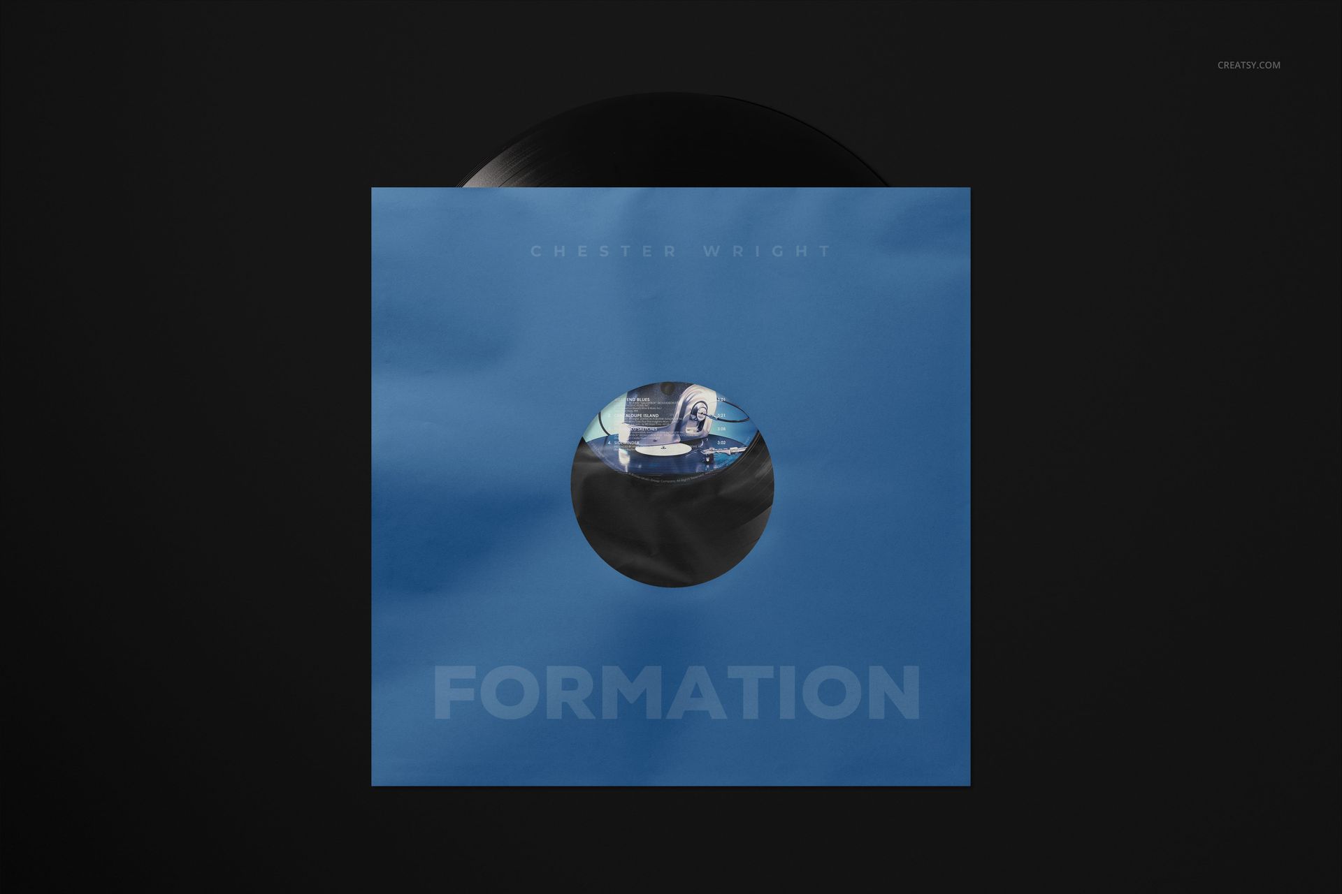 Front view of a vinyl record sleeve mockup with a blue cover, central cutout showing the record label, on a dark background.