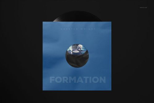 Front view of a vinyl record sleeve mockup with a blue cover, central cutout showing the record label, on a dark background.