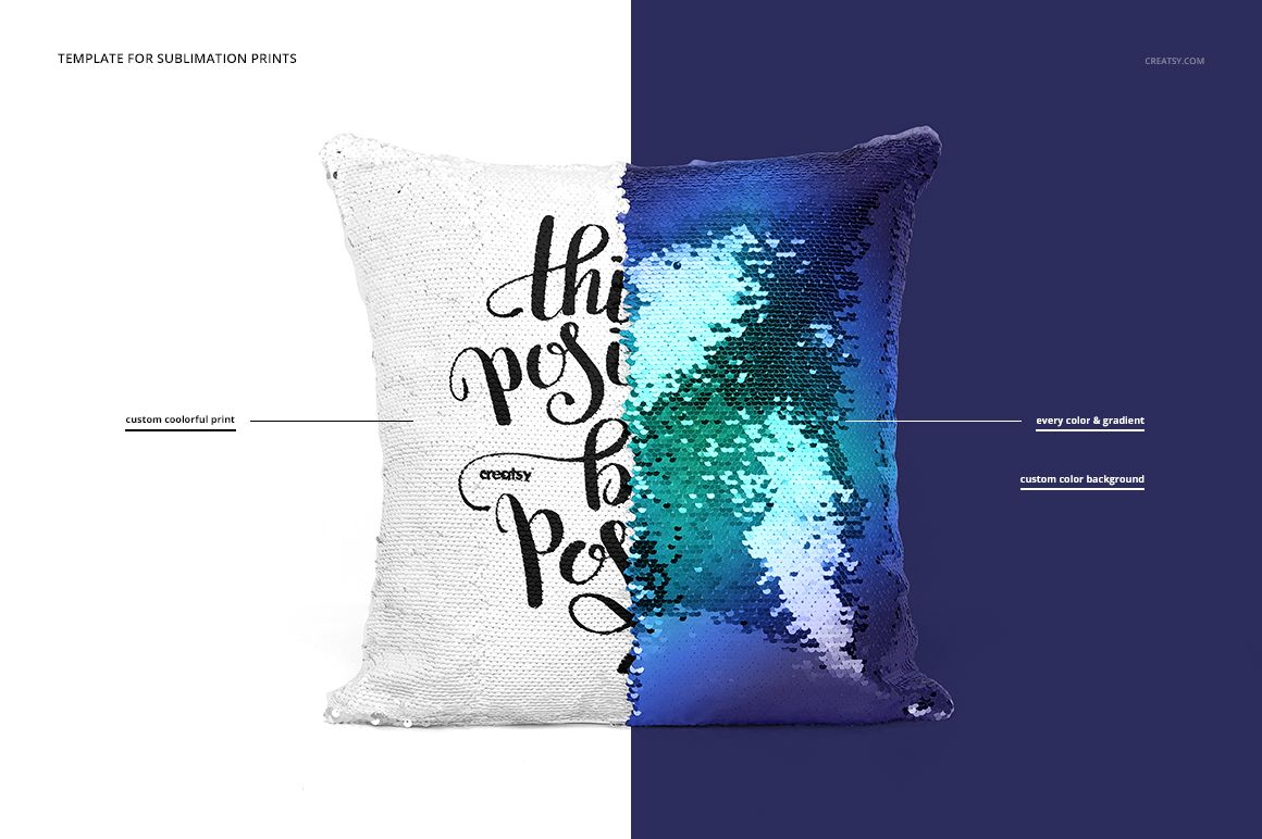 Reversible mermaid sequin pillow mockup split between a white printed side and a blue-green gradient sequin side.