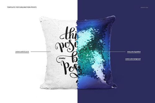 Reversible mermaid sequin pillow mockup split between a white printed side and a blue-green gradient sequin side.