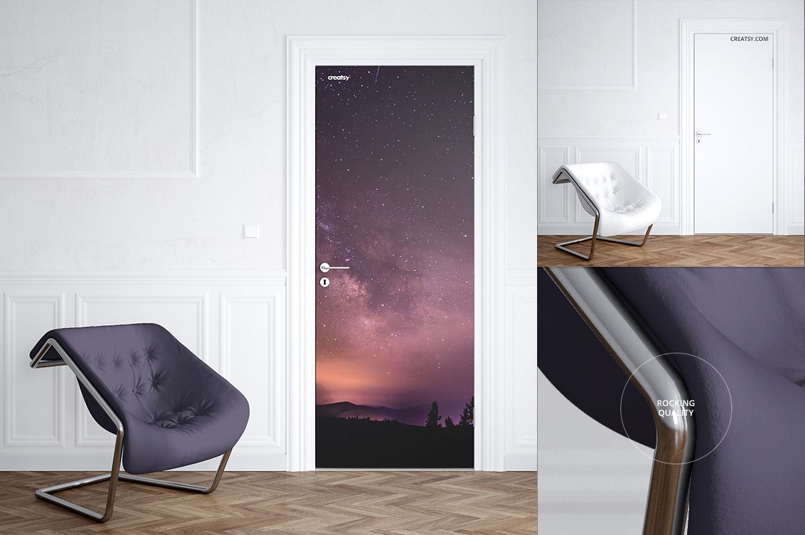 PSD mockup set showing a front view of a door mural with a galaxy pattern, a contemporary chair, and wood flooring.
