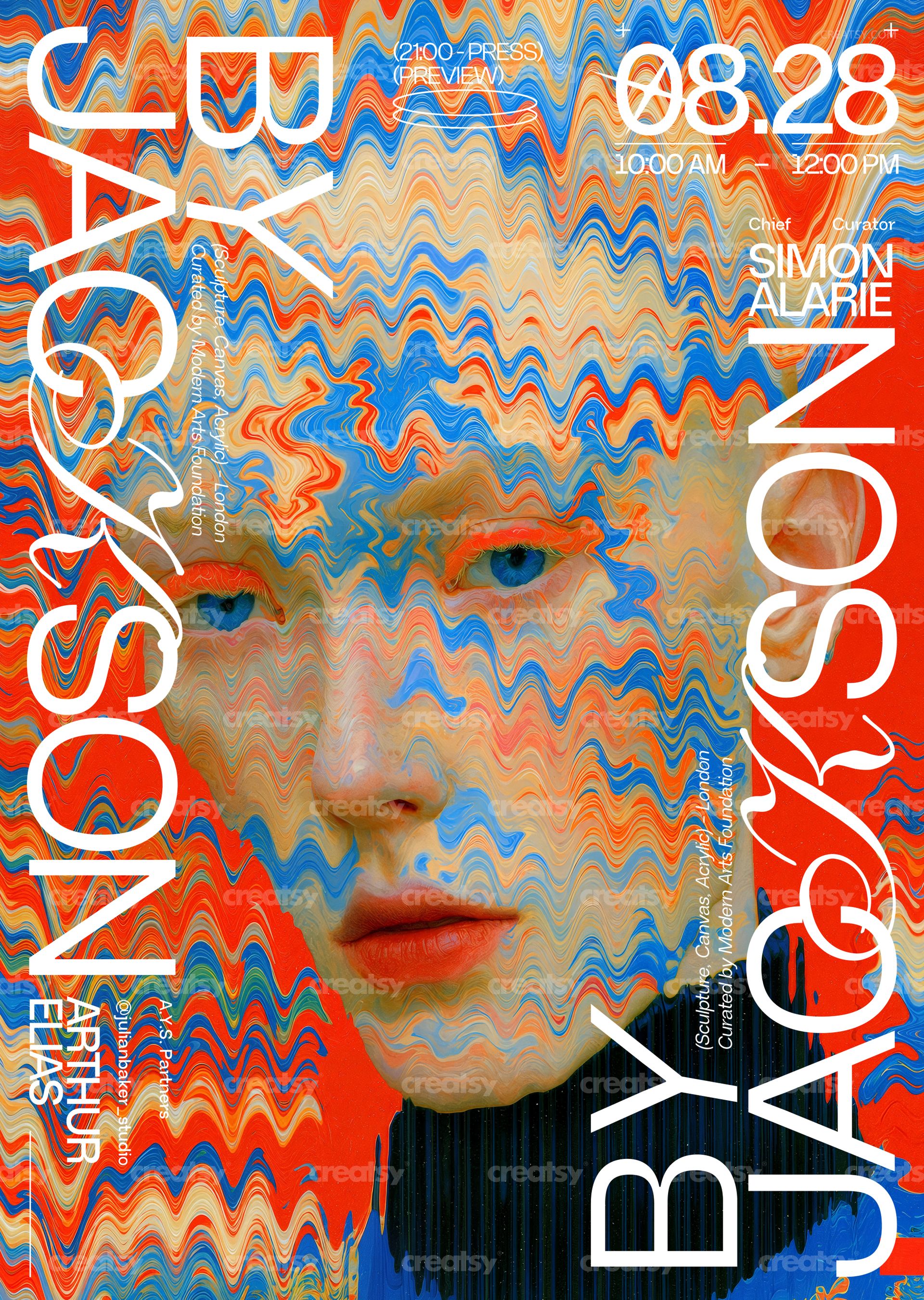 PSD mockup of a poster with abstract wavy lines and vibrant colors overlaying a human face, viewed from the front.