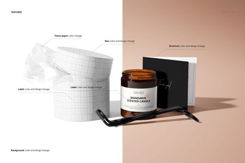 PSD mockup featuring an amber candle jar, grid-patterned tissue paper, and a folded brochure on a two-tone background.