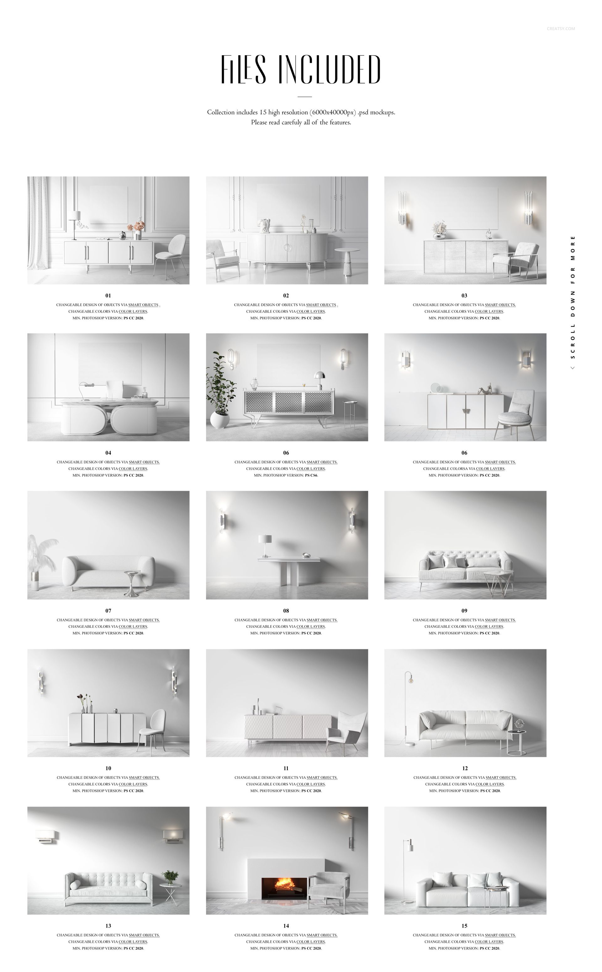 Collection of upholstery, wallpaper, and canvas print mockups displayed in minimalist white interiors, front view.