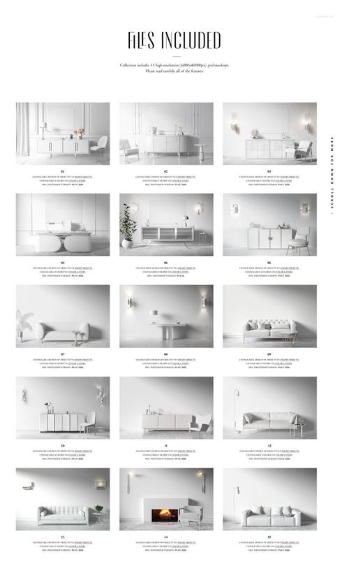 Collection of upholstery, wallpaper, and canvas print mockups displayed in minimalist white interiors, front view.