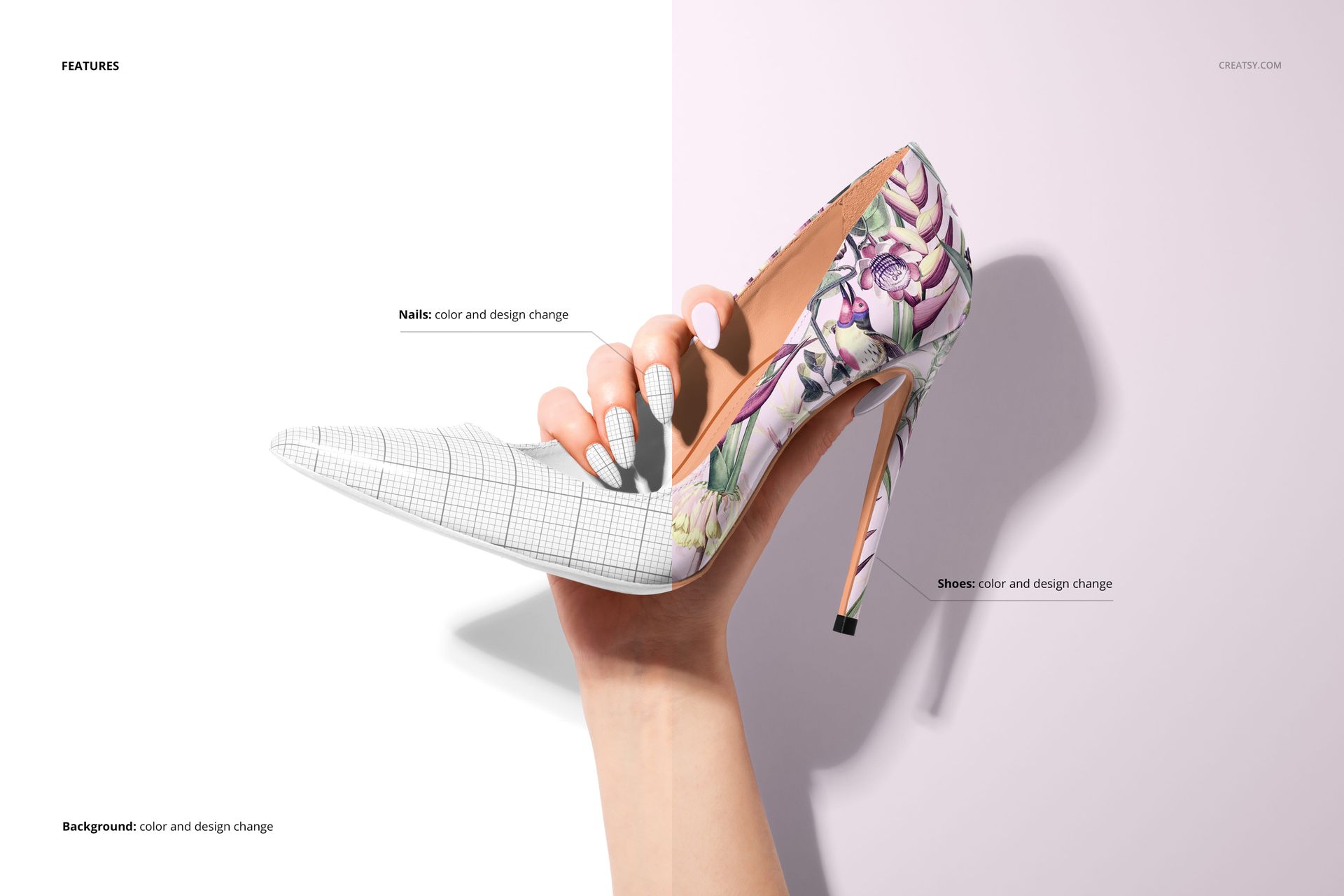 Close-up of a high heel mockup with a mix of grid and floral designs, held by a hand with patterned nails, on a two-tone backdrop.