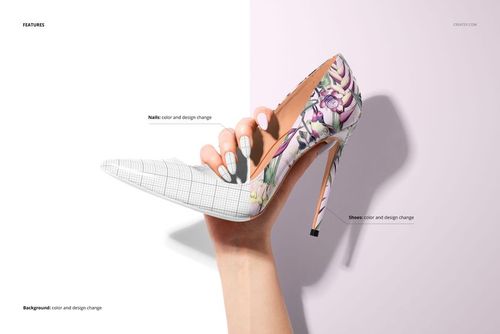 Close-up of a high heel mockup with a mix of grid and floral designs, held by a hand with patterned nails, on a two-tone backdrop.
