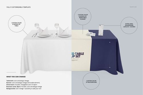 Imprinted tablecloth mockup showing a table set for dining, featuring a white and navy blue cloth with runner and accessories.