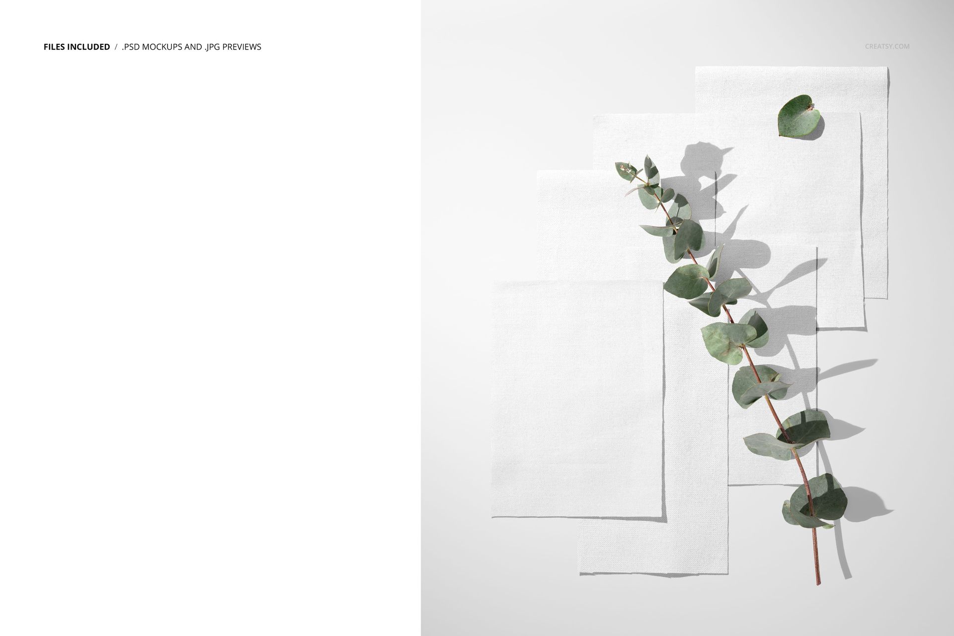 PSD mockup featuring white cotton fabric swatches displayed in a flat lay with a eucalyptus branch as a decorative prop.
