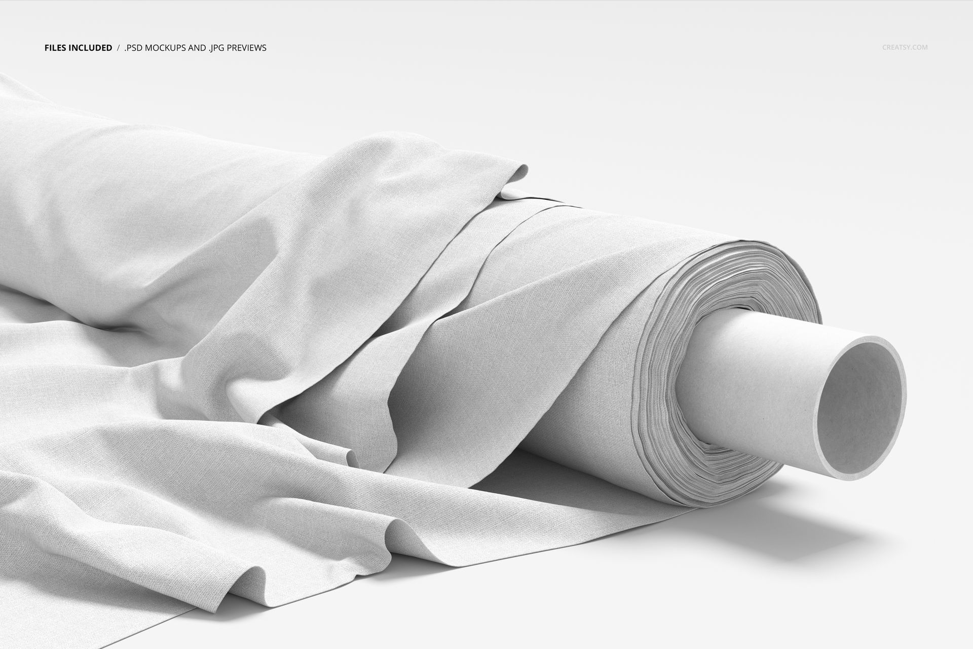 Close-up view of a fabric roll mockup with detailed creases and smooth, light-colored textile on a plain background.