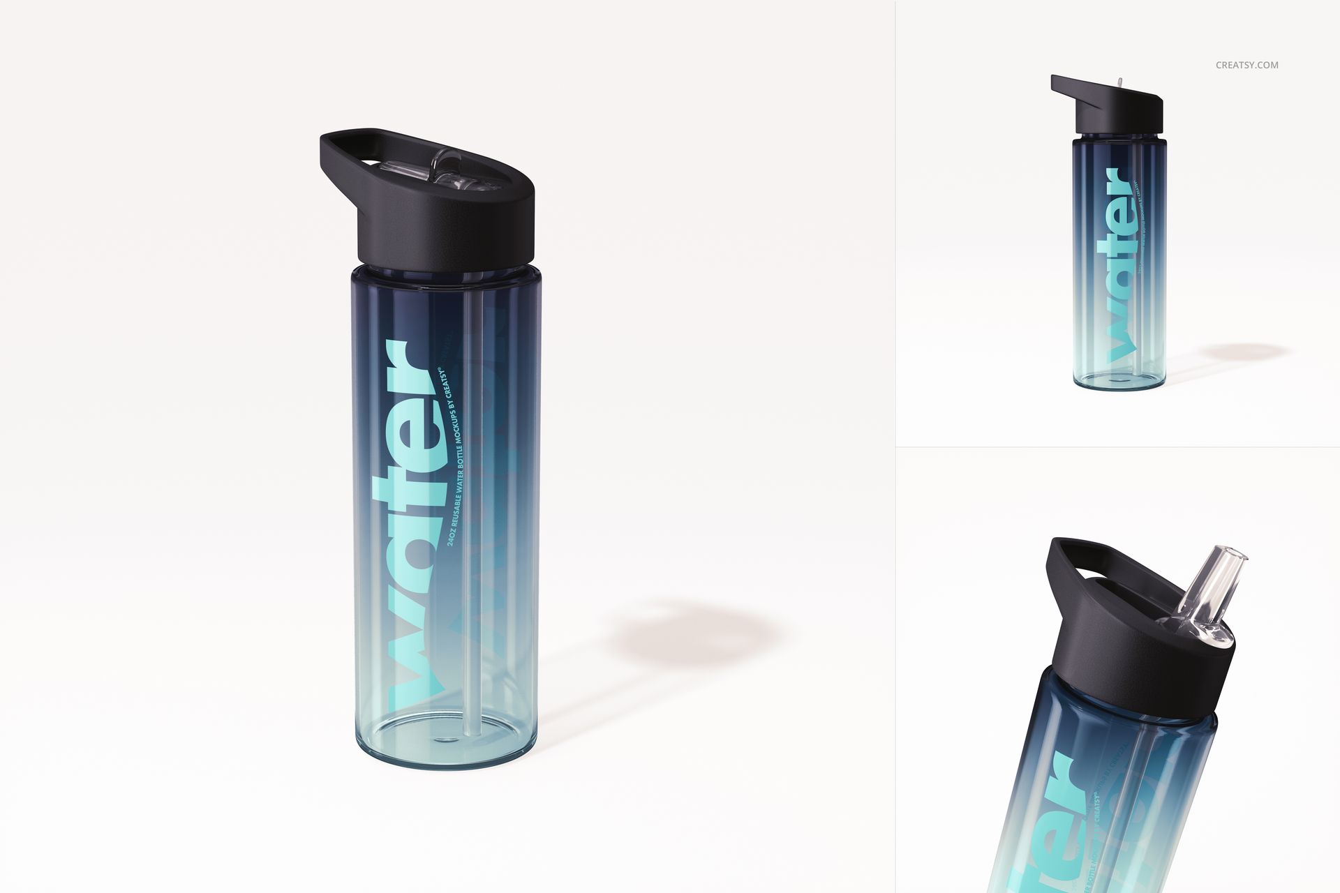 24 oz water bottle mockup featuring a transparent blue gradient design and black cap, displayed in three perspectives.