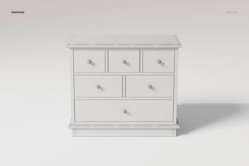 Front view of a decorative chest of drawers 3D model in white with six drawers and round knobs on a plain background.