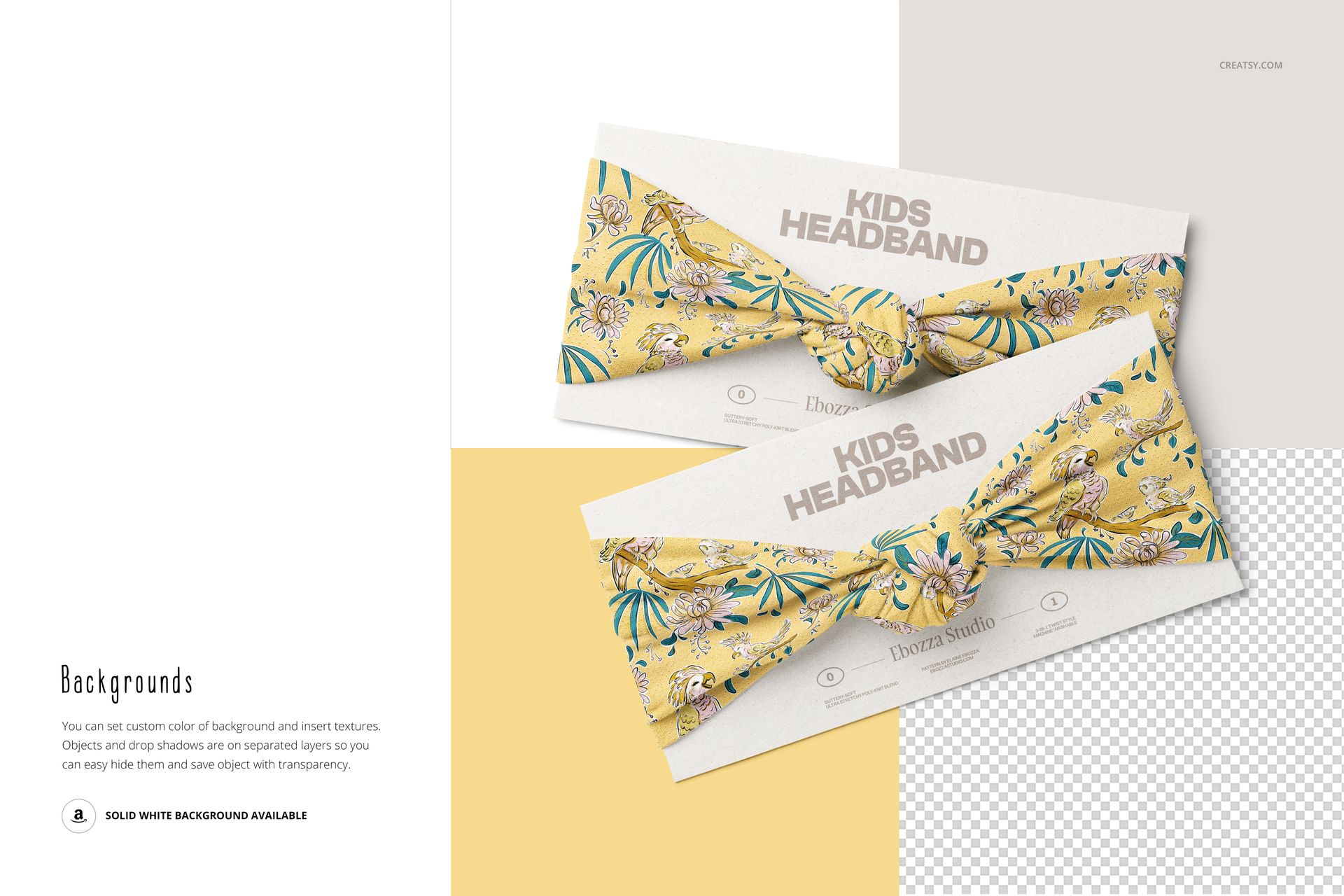 Kids adjustable twist knot headbands displayed on cards, yellow fabric with whimsical prints, PSD mockup scene.