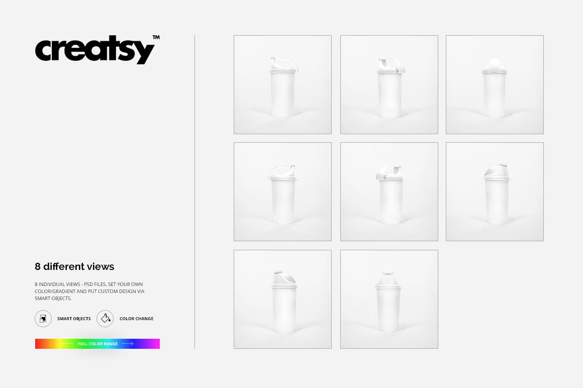 Plastic drink bottle mockup set showing eight different views of a white bottle with a screw cap on a neutral background.