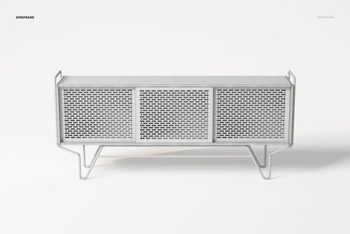 Front view of an art deco sideboard 3D model in a wireframe style, featuring geometric mesh doors and angled legs.