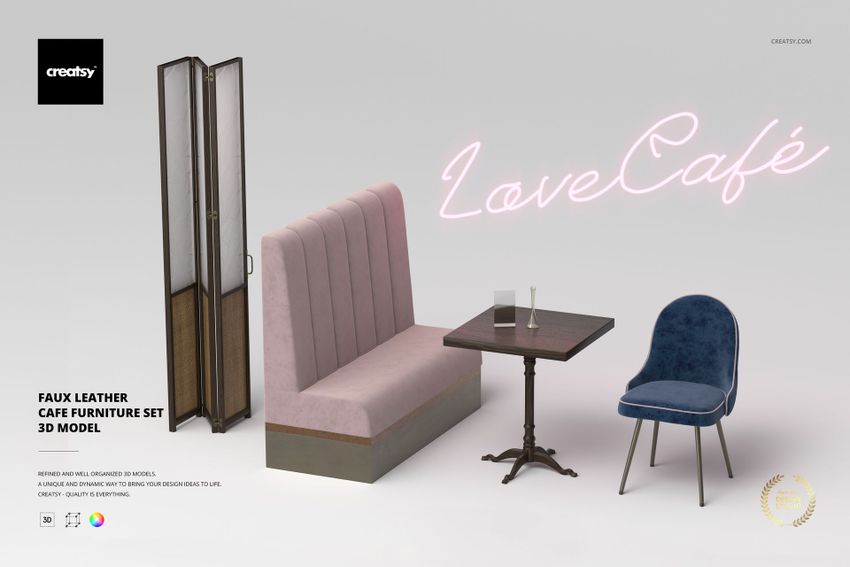 Faux Leather Cafe Furniture Set 3D Model - mockup screenshot 1
