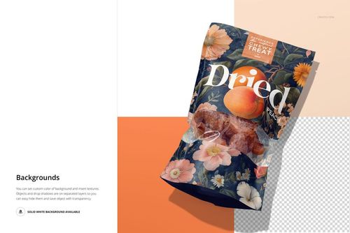 Standing paper pouch mockup with dried peaches visible through a clear window, floral design, and peach illustration.