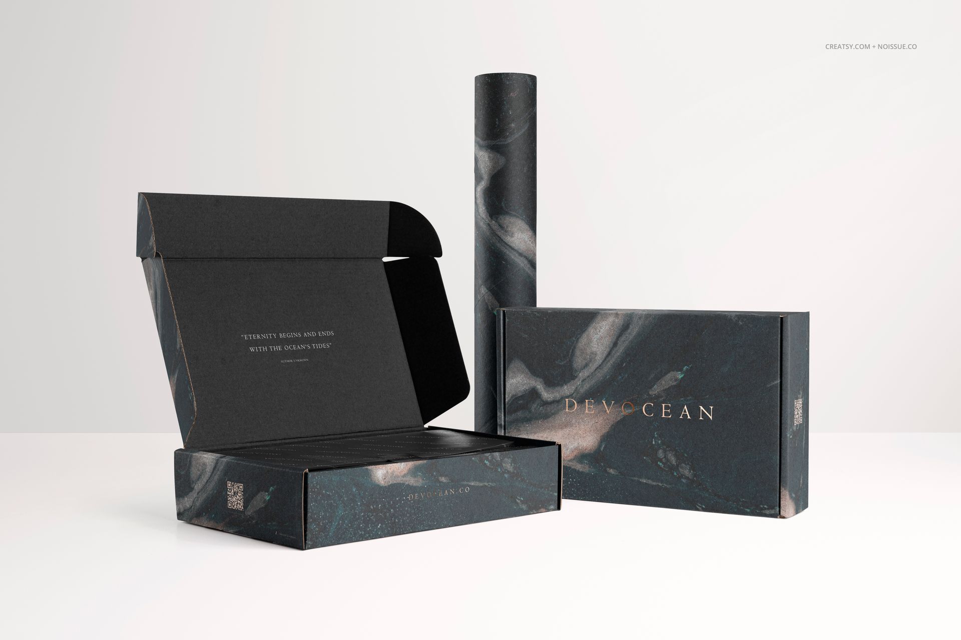 Mailing box mockup set featuring three packaging items with dark marble patterns, displayed on a light surface.