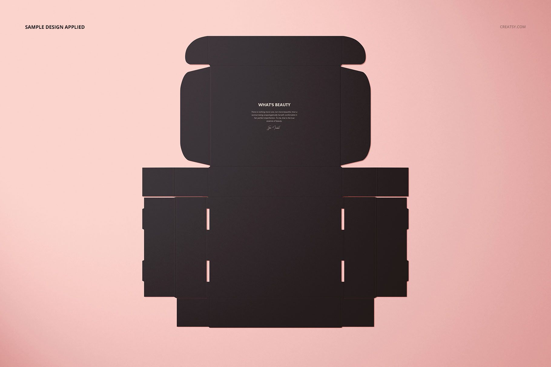 Flat lay of a black mailing box mockup with unfolded flaps, displayed on a soft pink background.