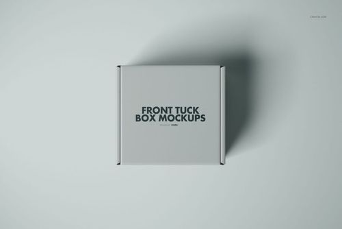 Front view of a square mailer box mockup with a light gray surface and bold black text centered on the lid.
