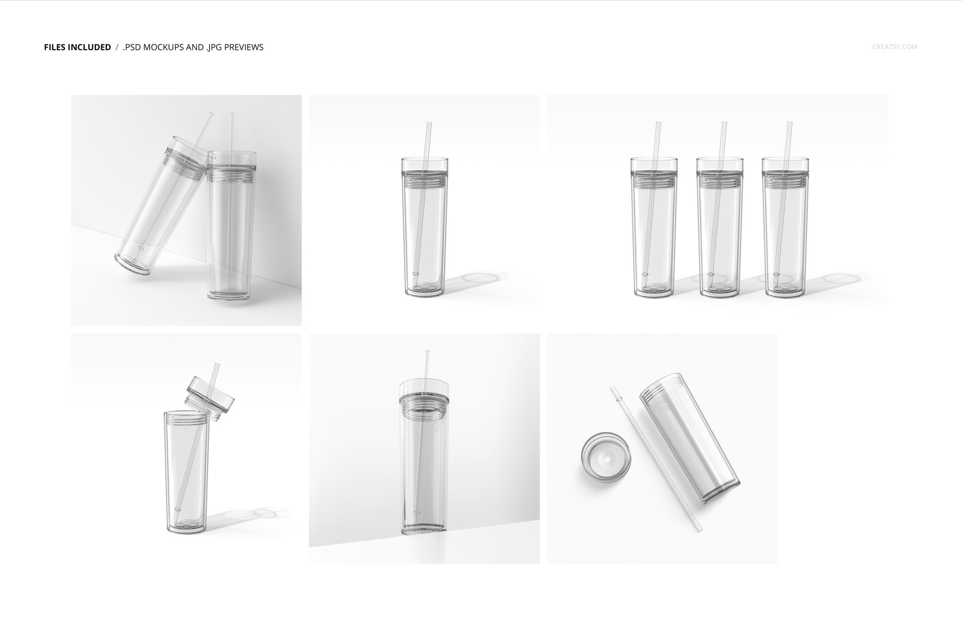 Double-wall acrylic tumbler PSD mockup set displaying transparent drinkware in multiple perspectives and arrangements.