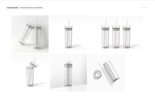 Double-wall acrylic tumbler PSD mockup set displaying transparent drinkware in multiple perspectives and arrangements.