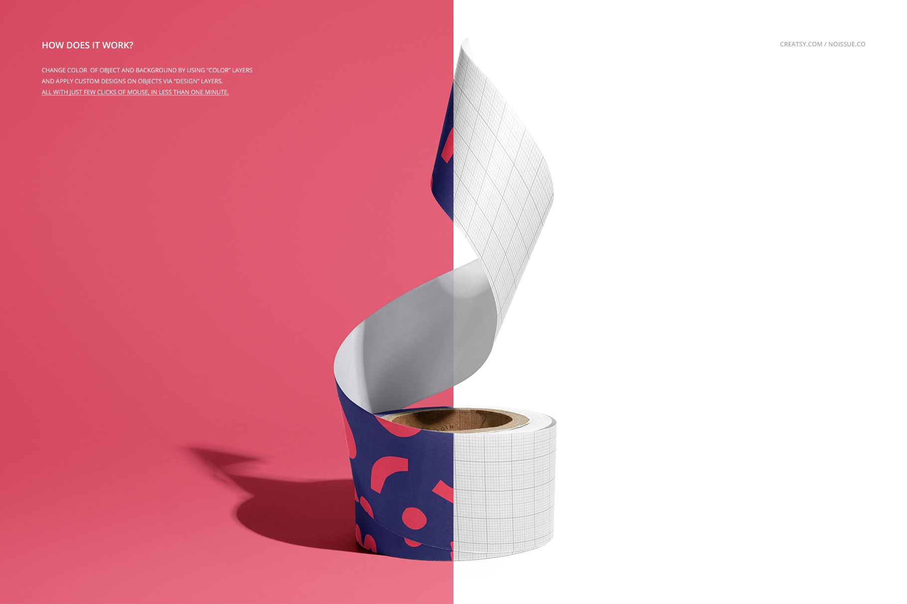 Packing tape roll mockup displayed upright, with tape partially unrolled showing colorful and grid pattern designs.