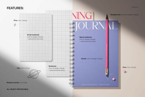 Stationery set mockup featuring a spiral notebook, small grid notebook, pencil, and clips on a split background.
