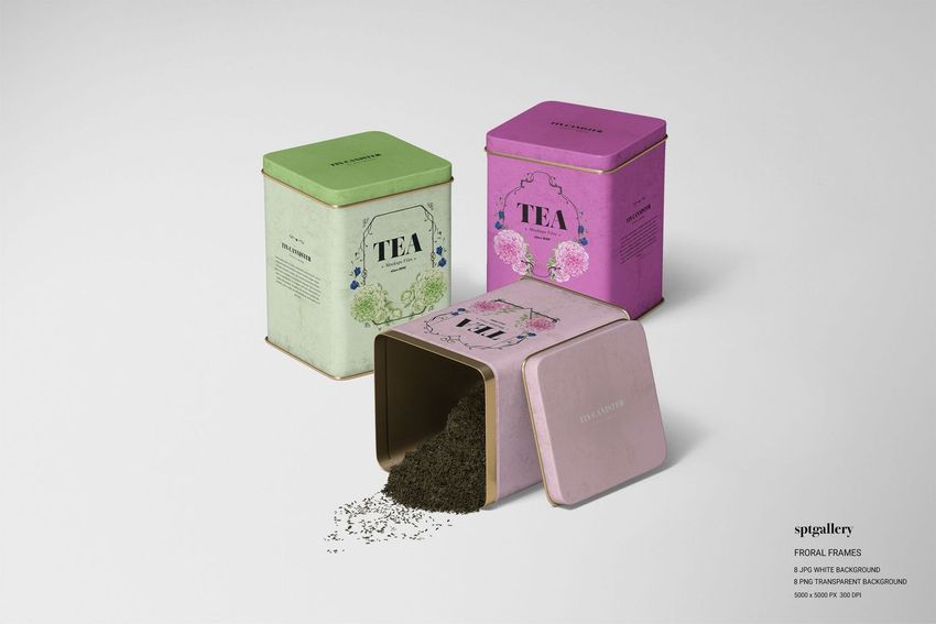 Tin canister mockup featuring three square metal containers with floral designs, one tipped over with loose tea spilling out.