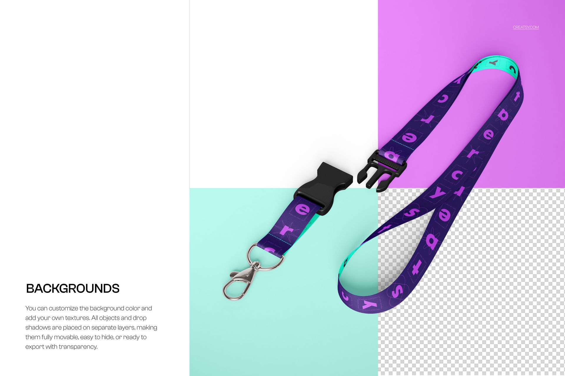 PSD mockup of a detachable lanyard featuring purple and teal colors, shown with metal clasp and buckle.