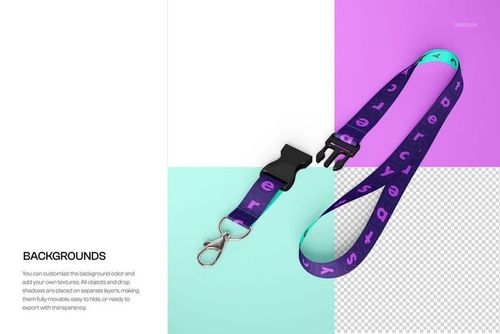 PSD mockup of a detachable lanyard featuring purple and teal colors, shown with metal clasp and buckle.
