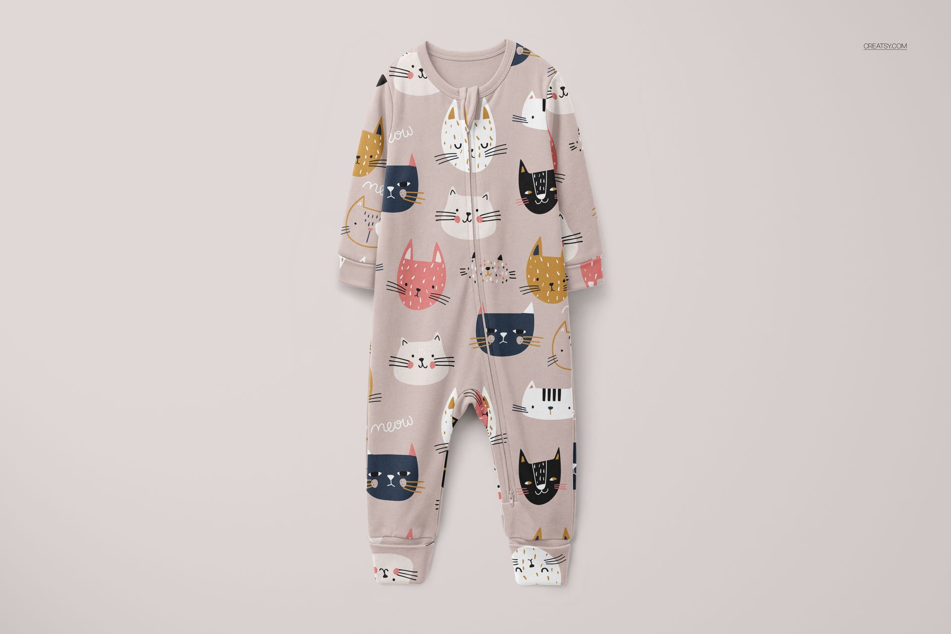 Front view of a baby sleepsuit mockup with cuffed sleeves and legs, featuring a pastel cat pattern on a light background.