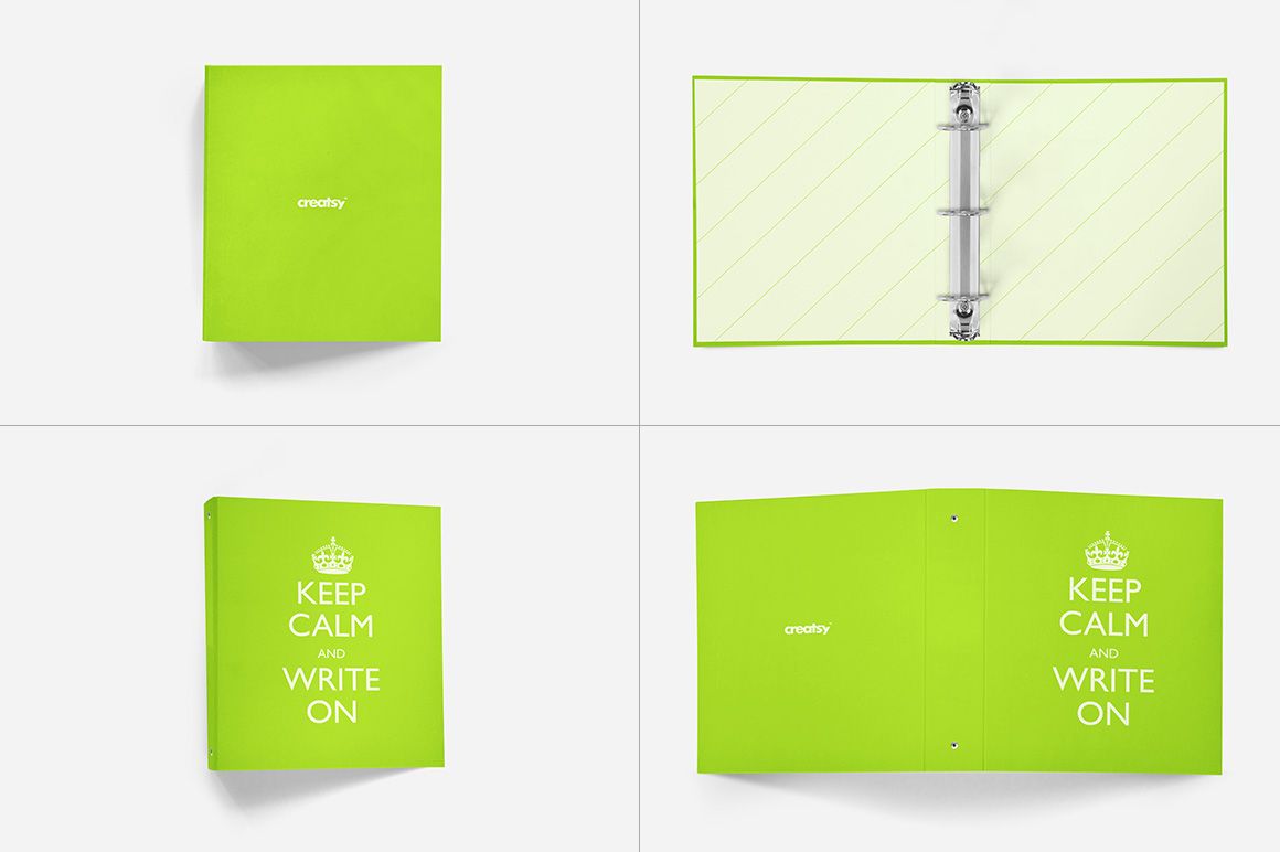 Green binder mockup set showing front, spine, open interior, and open cover views on a white background.