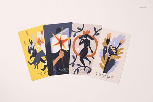 Four illustrated tarot cards with abstract designs and muted colors arranged in a row on a light surface.