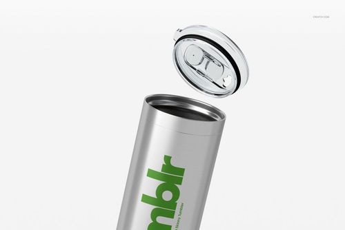 22oz stainless steel tumbler mockup with clear lid hovering above, minimalist scene with white backdrop.