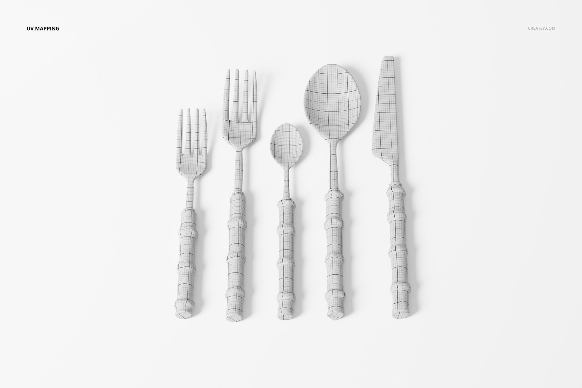 Set of five bamboo-style cutlery pieces including fork, knife, and spoons, shown in top view on white background.