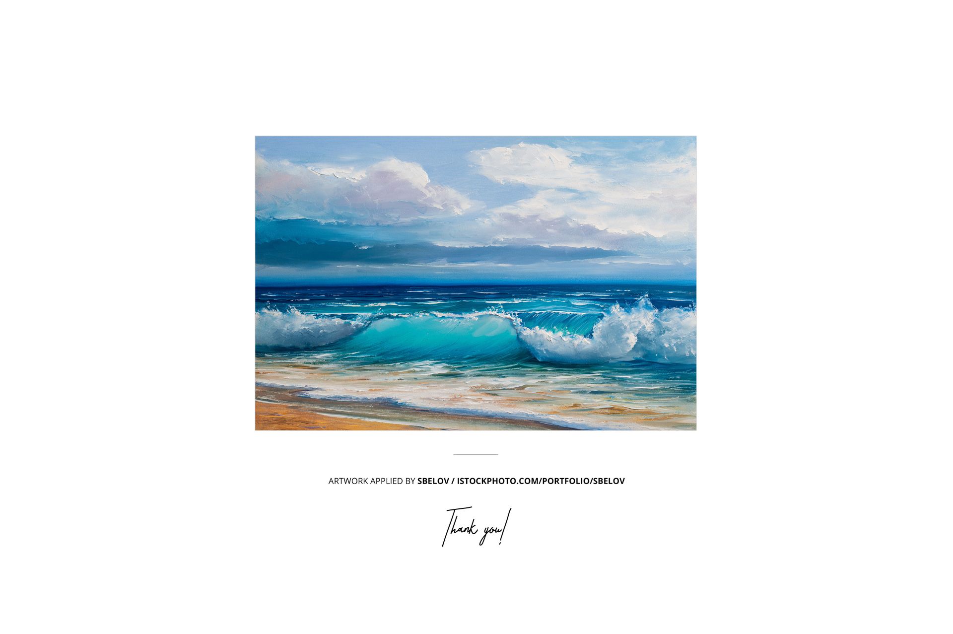 Closeup view of a solid wooden frame mockup featuring a vibrant ocean wave artwork, set against a white background.