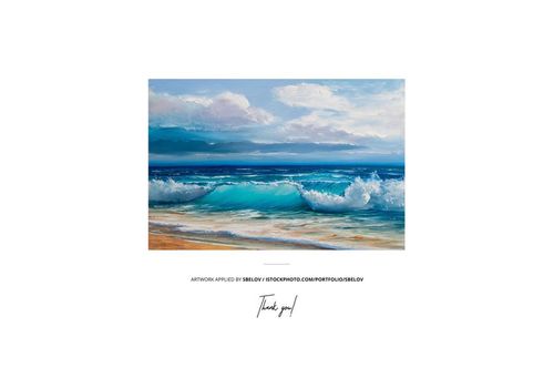 Closeup view of a solid wooden frame mockup featuring a vibrant ocean wave artwork, set against a white background.