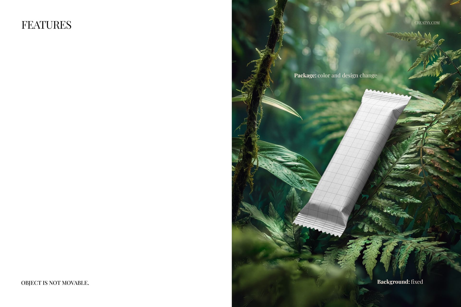 Candy bar packaging mockup with a grid pattern placed on green tropical jungle foliage, front perspective.