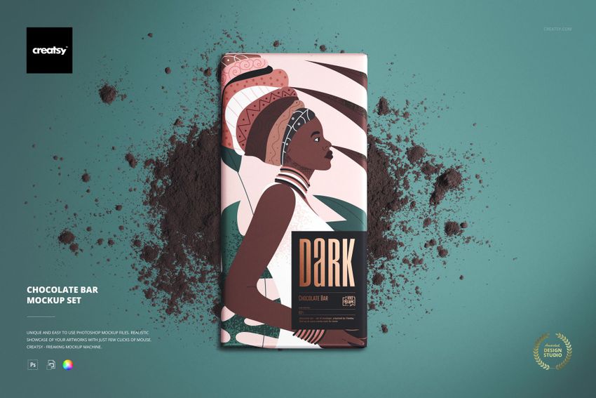 Top view of a chocolate bar mockup with stylized artwork and brown powder scattered around on a green background.