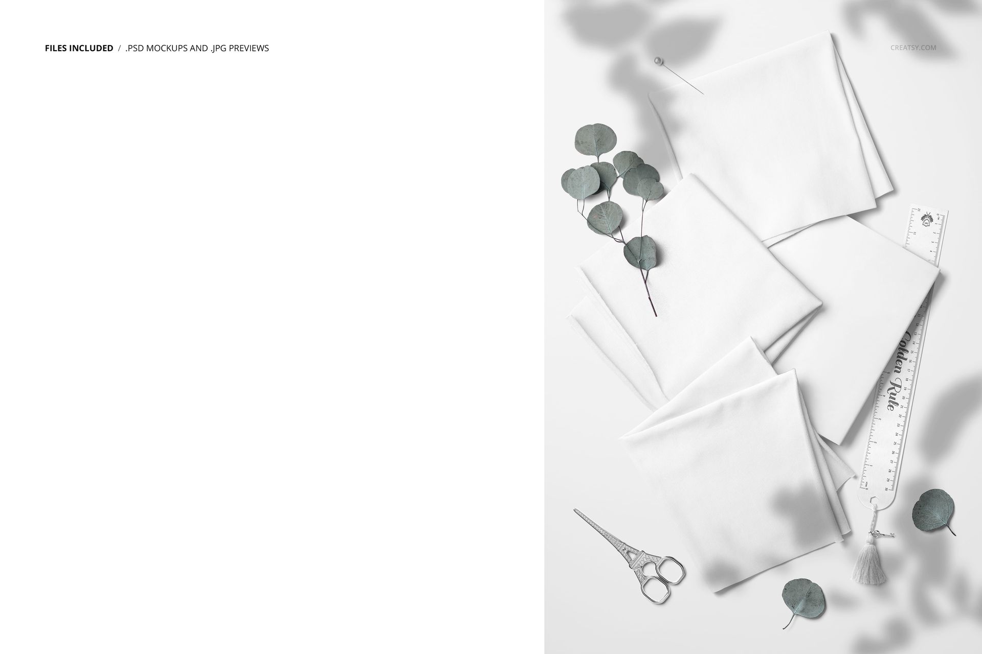 PSD mockup showing three white jersey fabrics folded next to a book, eucalyptus sprigs, scissors, and a ruler.