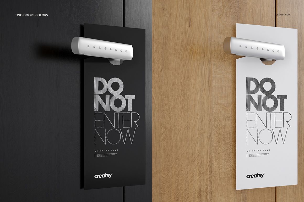 PSD mockup showing black and white rectangular door hangers with bold text on contrasting doors and silver handles.
