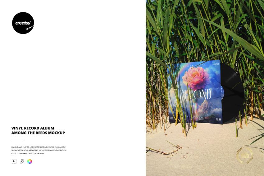 Front view of a vinyl record album mockup with a colorful flower design placed in natural reeds on sand.