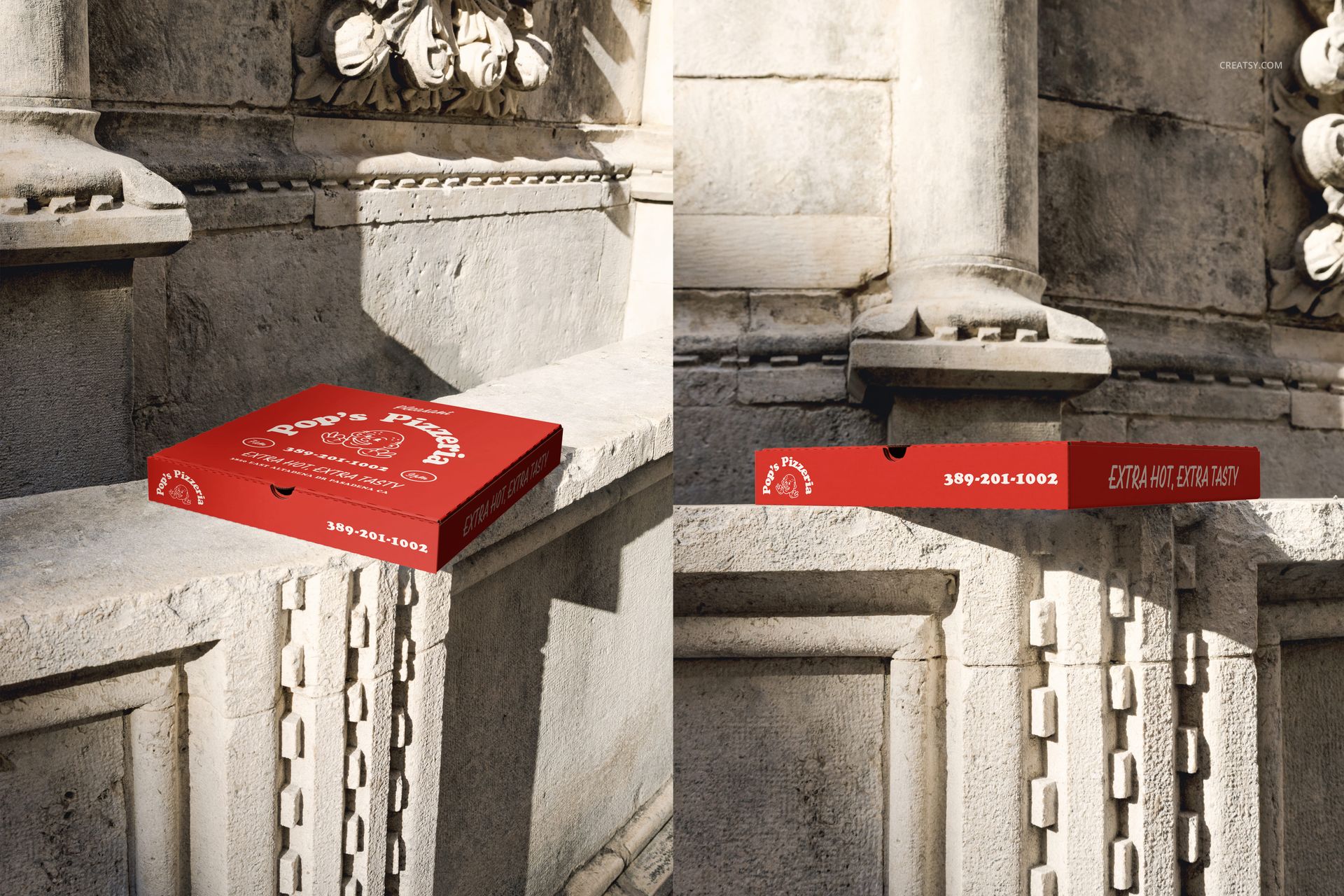 Pizza box mockup shown in two perspectives, featuring a red box with white print on a textured stone background.