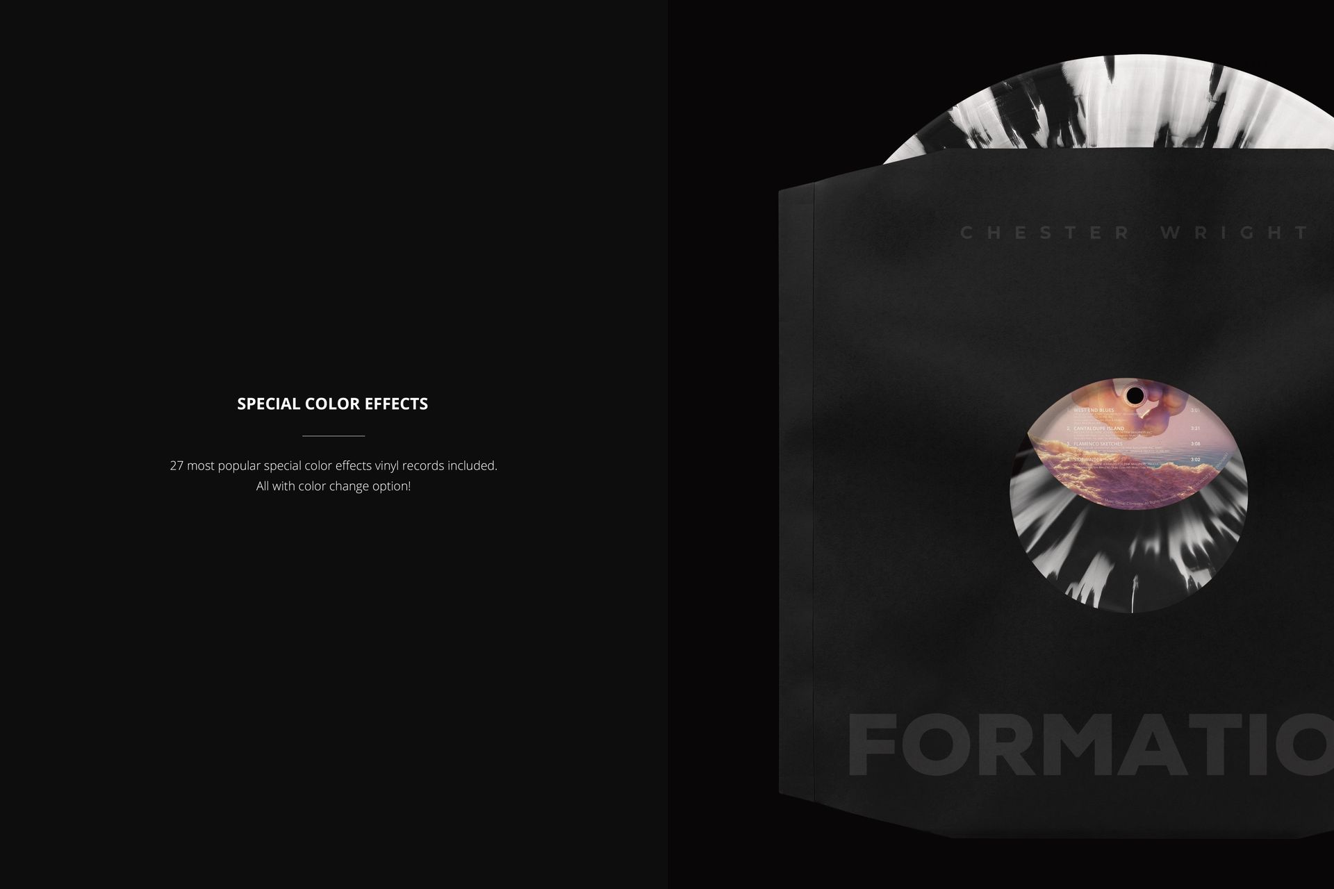 Black and white vinyl LP record mockup in a paper sleeve, viewed from above with a visible label through the cutout.