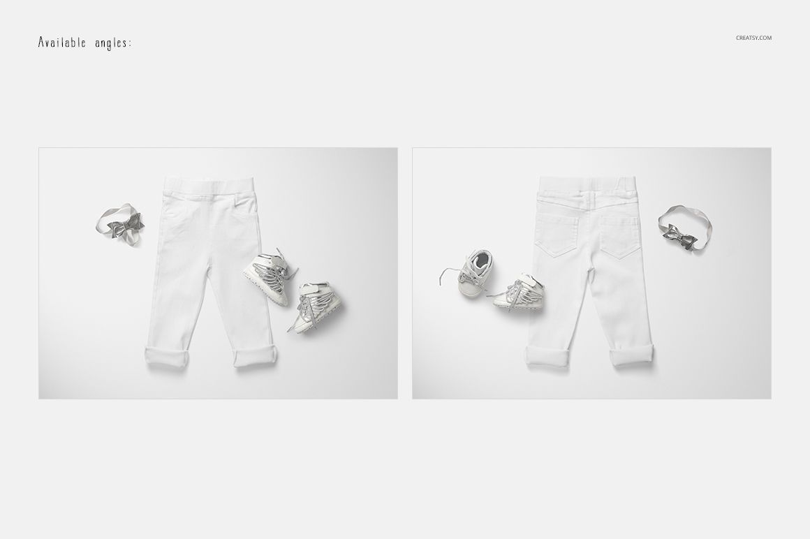 Kids trousers mockup set showing front and back views of white pants with rolled cuffs, paired with white shoes and belt.