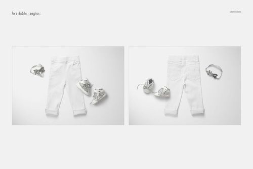 Kids trousers mockup set showing front and back views of white pants with rolled cuffs, paired with white shoes and belt.