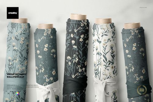 Fabric rolls mockup with various soft floral prints, arranged vertically with a neutral background and subtle shadows.